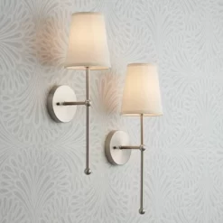 Possini Euro Design Elena Modern Wall Light Sconces Set Of 2 Brushed Nickel Hardwire 6" Fixture Cream Linen Shade For Bedroom Reading Living Room Home