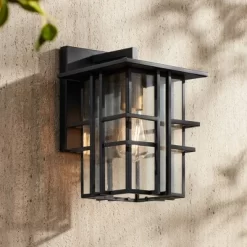 Possini Euro Design Arley Modern Outdoor Wall Light Fixture Black Geometric Frame 12" Seedy Glass For Post Exterior Barn Deck House Porch Yard Patio