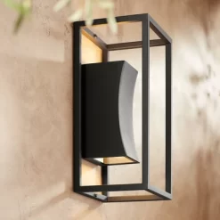 Possini Euro Design Modern Outdoor Wall Light Fixture Textured Black Dimmable LED Up Down 14" Sanded Glass Diffuser Up Down For Exterior Barn Deck