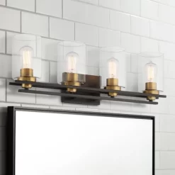 Possini Euro Design Demy Modern Wall Light Oil Rubbed Bronze Gold Hardwire 27" 4-Light Fixture Clear Glass For Bedroom Bathroom Vanity Reading House