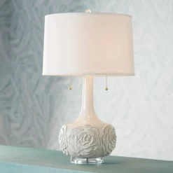Possini Euro Design Natalia Modern Country Cottage Table Lamp 27" Tall White Ceramic Glaze Textured Floral Drum Shade For Bedroom Living Room Bedside