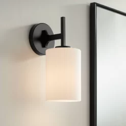 Possini Euro Design Nanni 12" High Modern Wall Sconce Light Lamp Fixture Mount Bathroom Bedroom Hardwired Cordless Matte Black Milk Glass Shade