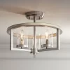 Possini Euro Design Senna Modern Industrial Ceiling Light Semi Flush Mount Fixture 15" Wide Brushed Nickel Gray Wood 3-Light Clear Glass For Bedroom