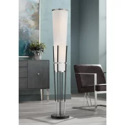 Possini Euro Design Flute Modern Torchiere Floor Lamp 64" Tall Satin Black Brushed Nickel White Linen Shade For Living Room Bedroom Office House Home