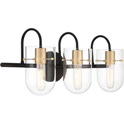 Possini Euro Design Solomon Modern Wall Light Black Hardwire 24" 3-Light Fixture Warm Brass Accents Clear Glass Shade For Bathroom 5 Possini Euro Design Solomon Modern Wall Light Black Hardwire 24" 3-Light Fixture Warm Brass Accents Clear Glass Shade For Bathroom - Image 5