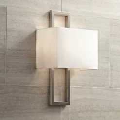 Possini Euro Design Modern Wall Light Sconce Brushed Nickel Hardwired 15 1/2" High Fixture Faux Silk For Bedroom Bathroom Hallway