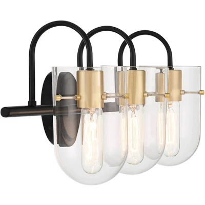 Possini Euro Design Solomon Modern Wall Light Black Hardwire 24" 3-Light Fixture Warm Brass Accents Clear Glass Shade For Bathroom 7 Possini Euro Design Solomon Modern Wall Light Black Hardwire 24" 3-Light Fixture Warm Brass Accents Clear Glass Shade For Bathroom - Image 7