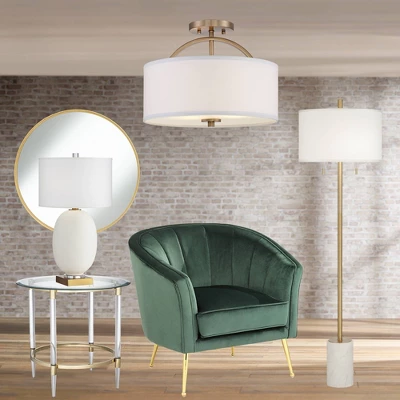 Possini Euro Design Halsted Modern Ceiling Light Semi Flush Mount Fixture 15" Wide Warm Brass 2-Light Oatmeal Linen Drum For Bedroom Living Room House 6 Possini Euro Design Halsted Modern Ceiling Light Semi Flush Mount Fixture 15" Wide Warm Brass 2-Light Oatmeal Linen Drum For Bedroom Living Room House - Image 6