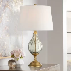 Possini Euro Design Rebecca 29" Tall Teardrop Modern End Table Lamp Gold Brass Finish Smoked Glass Metal Single White Shade Living Room Bedroom