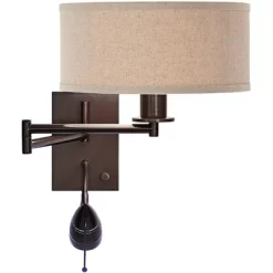 Possini Euro Design Radix Modern Swing Arm Wall Lamp Bronze With Cord Cover LED Reading Light Plug-in Light Fixture Oatmeal Shade For Bedroom Bedside -Possini Euro Design Sales GUEST bc5f6ade b742 49b6 8142 cc08a45a3e8c