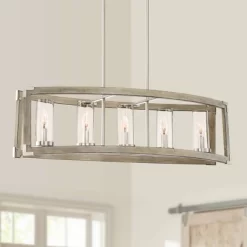 Possini Euro Design Kerr Wood Brushed Nickel Island Pendant Chandelier 32 3/4" Wide Modern Clear Glass Shade 5-Light Fixture For Dining Room Kitchen