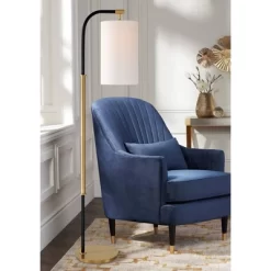 Possini Euro Design Sausalito Mid Century Modern Downbridge Floor Lamp 67" Tall Warm Gold Black Metal Linen Cylinder Shade For Living Room Reading