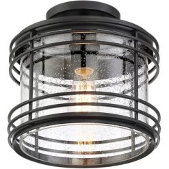 Possini Euro Design Modern Semi Flush Mount Outdoor Ceiling Light Fixture Black Geometric 11" Clear Seedy Glass For Exterior House Porch Patio Deck -Possini Euro Design Sales GUEST cb8c1411 a795 4f98 aa4e 939519680ea3