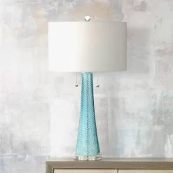 Possini Euro Design Modern Table Lamps 28.5" Tall Set Of 2 Light Sky Blue Fluted Glass White Drum Shade For Living Room Bedroom Office Family -Possini Euro Design Sales GUEST cc70cf51 11c5 4293 86bb 9a8e958c559e