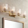 Possini Euro Design Icelight Modern Wall Light Warm Brass Hardwire 36" 4-Light Fixture Textured Ice Glass For Bedroom Bathroom Vanity Living Room