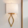 Possini Euro Design Modern Wall Light Sconce Warm Brass Hardwired 19 1/2" High Fixture Half Moon Linen Shade For Bedroom Living Room