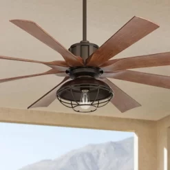 60" Possini Euro Design Industrial Indoor Outdoor Ceiling Fan With Dimmable LED Light Remote Control Oil Rubbed Bronze Cage Koa Damp Rated For Patio
