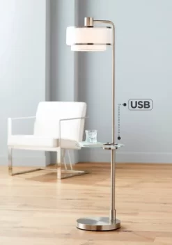 Possini Euro Design Vogue Modern Floor Lamp With Tray Table 60" Tall Brushed Nickel USB Charging Port Organza Outer White Inner Shade For Living Room