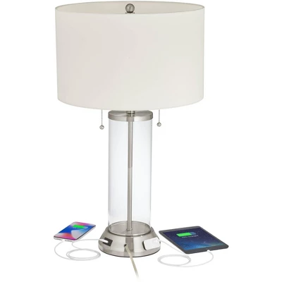 Possini Euro Design Fritz Modern Table Lamps 26 1/2" High Set Of 2 Silver Clear Glass With USB And AC Power Outlet In Base Drum Shade For Bedroom Desk 2 Possini Euro Design Fritz Modern Table Lamps 26 1/2" High Set Of 2 Silver Clear Glass With USB And AC Power Outlet In Base Drum Shade For Bedroom Desk - Image 2
