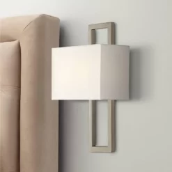Possini Euro Design Modern Wall Light Sconce Brushed Nickel Hardwired 15 1/2" High Fixture Faux Silk For Bedroom Bathroom Hallway -Possini Euro Design Sales GUEST d50a2b38 65bf 44ae bd0c 582950dc4bb2
