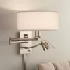 Possini Euro Design Tesoro Modern Swing Arm Wall Lamp With LED Reading Arm Brushed Nickel Plug-in Light Fixture Off White Drum Shade For Bedroom Home