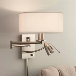 Possini Euro Design Tesoro Modern Swing Arm Wall Lamp With LED Reading Arm Brushed Nickel Plug-in Light Fixture Off White Drum Shade For Bedroom Home