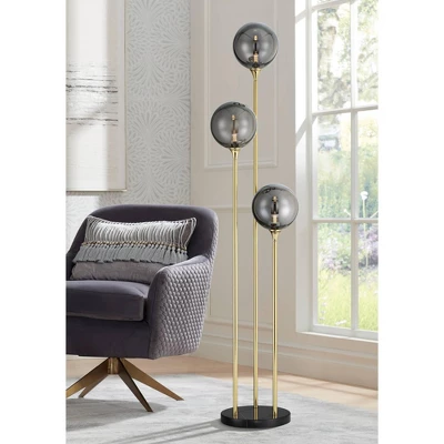Possini Euro Design Arielle Mid Century Modern 67" Tall Standing Floor Lamp Tree 3-Light LED Foot Switch Gold Metal Brass Bubble Glass Gray Shade 1 Possini Euro Design Arielle Mid Century Modern 67" Tall Standing Floor Lamp Tree 3-Light LED Foot Switch Gold Metal Brass Bubble Glass Gray Shade