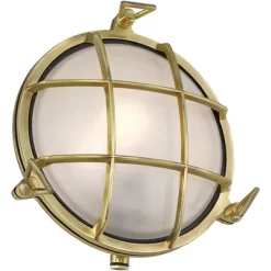 Possini Euro Design Anjali 10" High Industrial Outdoor Wall Light Fixture Mount Porch House Bulkhead Weatherproof Gold Brass Finish Glass Shade -Possini Euro Design Sales GUEST da590b38 3413 46a5 8544 13837c8b6d26 3
