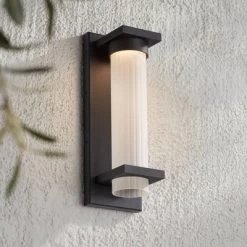 Possini Euro Design Kathleen 14" High Modern Outdoor Wall Light Fixture Mount Porch House Exterior LED Bulb Weatherproof Sand Black Metal Glass Shade