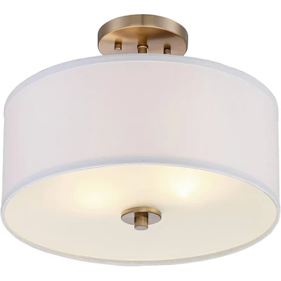 Possini Euro Design Halsted Modern Ceiling Light Semi Flush Mount Fixture 15" Wide Warm Brass 2-Light Oatmeal Linen Drum For Bedroom Living Room House 4 Possini Euro Design Halsted Modern Ceiling Light Semi Flush Mount Fixture 15" Wide Warm Brass 2-Light Oatmeal Linen Drum For Bedroom Living Room House - Image 4