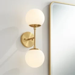 Possini Euro Design Oso Modern Wall Light Sconce Soft Gold Hardwire 6" 2-Light Fixture Opal Glass Orb Shade For Bedroom Bathroom Living Room House