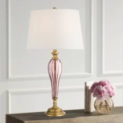 Possini Euro Design Clarrissa 31 1/2" Tall Fluted Vase Large Traditional End Table Lamp Pink Brass Finish Glass Single White Shade Living Room Bedroom