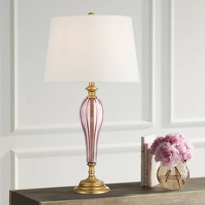 Possini Euro Design Clarrissa 31 1/2" Tall Fluted Vase Large Traditional End Table Lamp Pink Brass Finish Glass Single White Shade Living Room Bedroom 1 Possini Euro Design Clarrissa 31 1/2" Tall Fluted Vase Large Traditional End Table Lamp Pink Brass Finish Glass Single White Shade Living Room Bedroom