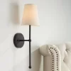 Possini Euro Design Elena Modern Wall Light Sconce Matte Black Metal Hardwire 6" Fixture Cream Linen Shade For Bedroom Reading Living Room House Home