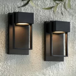 Possini Euro Design Pavel Modern Outdoor Wall Light Fixtures Set Of 2 Textured Black Metal LED Downlight 9 1/2" For Post Exterior Barn