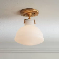 Possini Euro Design Modern Ceiling Light Semi Flush Mount Fixture 9 1/2" Wide Gold Shapely Opal Glass Shade For Bedroom Kitchen Living Room Hallway