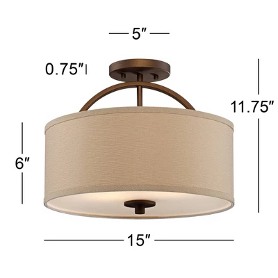 Possini Euro Design Halsted Modern Ceiling Light Semi Flush Mount Fixture 15" Wide Brushed Bronze 2-Light Oatmeal Linen Drum For Bedroom Living Room 6 Possini Euro Design Halsted Modern Ceiling Light Semi Flush Mount Fixture 15" Wide Brushed Bronze 2-Light Oatmeal Linen Drum For Bedroom Living Room - Image 6