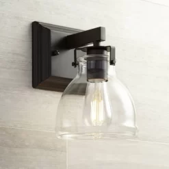 Possini Euro Design Bellis Industrial Modern Wall Light Sconce Bronze Hardwire 6" Fixture Clear Glass Shade For Bedroom Bedside Bathroom Vanity Home