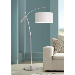 Possini Euro Design Modern Arc Floor Lamp 69" Tall Brushed Steel Adjustable Boom Off White Linen Drum Shade For Living Room Reading Office