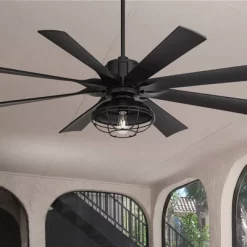60" Possini Euro Design Defender Modern Industrial Indoor Outdoor Ceiling Fan LED Light Remote Matte Black Damp Rated Patio House