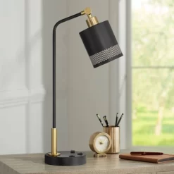 Possini Euro Design Keller 24" High Small Modern Desk Lamp USB Port AC Power Outlet Black Brass Finish Metal Single Home Office Living Room Charging