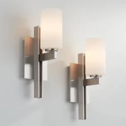 Possini Euro Design Ludlow Modern Wall Light Sconces Set Of 2 Brushed Nickel Hardwire 4 1/2" Fixture White Glass For Bedroom Bathroom Vanity Reading