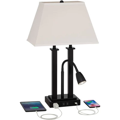 Possini Euro Design Deacon Modern Desk Table Lamp 26" High Black With USB And AC Power Outlet In Base LED Reading Light Oatmeal Shade For Office Desk 2 Possini Euro Design Deacon Modern Desk Table Lamp 26" High Black With USB And AC Power Outlet In Base LED Reading Light Oatmeal Shade For Office Desk - Image 2