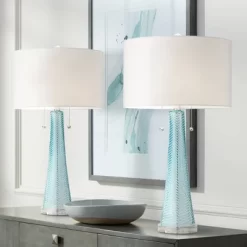 Possini Euro Design Modern Table Lamps 28.5" Tall Set Of 2 Light Sky Blue Fluted Glass White Drum Shade For Living Room Bedroom Office Family