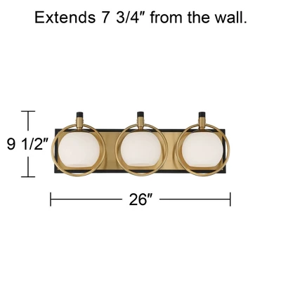 Possini Euro Design Carlyn Mid Century Modern Wall Light Brass Black Hardwire 26" 3-Light Fixture White Glass Globe Shade For Bedroom Bathroom Vanity 3 Possini Euro Design Carlyn Mid Century Modern Wall Light Brass Black Hardwire 26" 3-Light Fixture White Glass Globe Shade For Bedroom Bathroom Vanity - Image 3