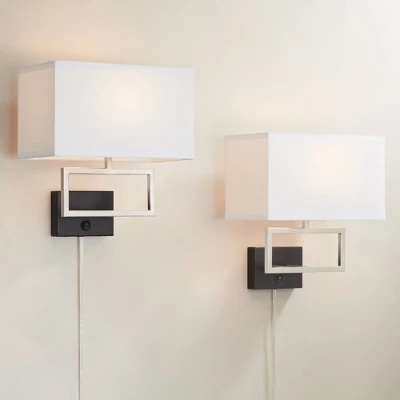 Possini Euro Design Trixie Modern Wall Lamps Set Of 2 Brushed Nickel Plug-in 12" Light Fixture Rectangular Fabric Shade For Bedroom Living Room Home 1 Possini Euro Design Trixie Modern Wall Lamps Set Of 2 Brushed Nickel Plug-in 12" Light Fixture Rectangular Fabric Shade For Bedroom Living Room Home