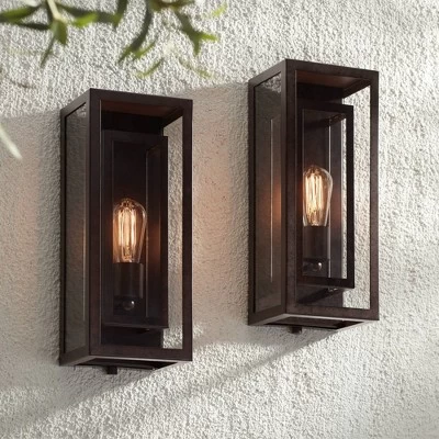 Possini Euro Design Rustic Industrial Farmhouse Outdoor Wall Light Fixtures Set Of 2 Bronze 15 1/2" Clear Glass For Exterior Barn Deck House Porch 1 Possini Euro Design Rustic Industrial Farmhouse Outdoor Wall Light Fixtures Set Of 2 Bronze 15 1/2" Clear Glass For Exterior Barn Deck House Porch