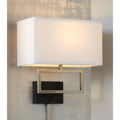 Possini Euro Design Trixie Modern Wall Lamps Set Of 2 Brushed Nickel Plug-in 12" Light Fixture Rectangular Fabric Shade For Bedroom Living Room Home 8 Possini Euro Design Trixie Modern Wall Lamps Set Of 2 Brushed Nickel Plug-in 12" Light Fixture Rectangular Fabric Shade For Bedroom Living Room Home - Image 8
