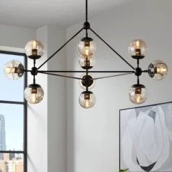 Possini Euro Design Gable Black Large Chandelier 41 1/2" Wide Mid Century Modern Cognac Glass Shade 10-Light Fixture For Dining Room Kitchen Island