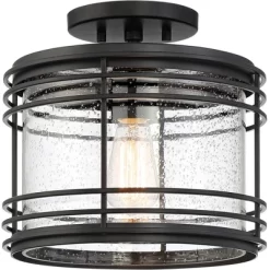 Possini Euro Design Modern Semi Flush Mount Outdoor Ceiling Light Fixture Black Geometric 11" Clear Seedy Glass For Exterior House Porch Patio Deck -Possini Euro Design Sales GUEST fce04939 7e83 4eb6 b6f7 bb35956ecf8f